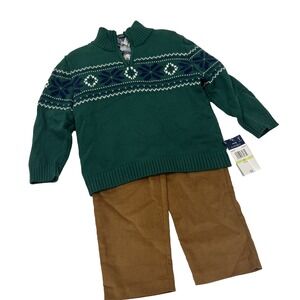 IZOD Boy 3 Piece Sweater Outfit 4T Holiday Plaid Corduroy Pants Set Winter Navy